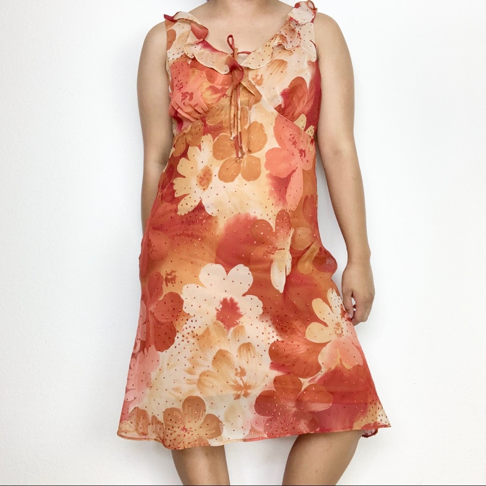 Vintage Fashion Bug Orange Floral Glitter Dress